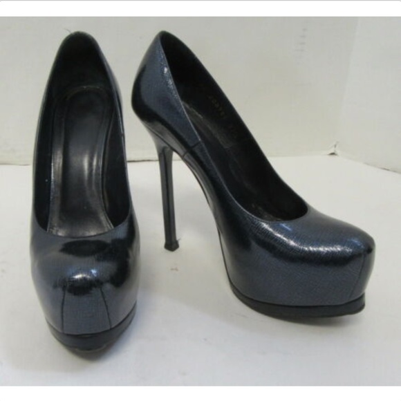YSL Midnight Blue Textured Patent Leather Pumps